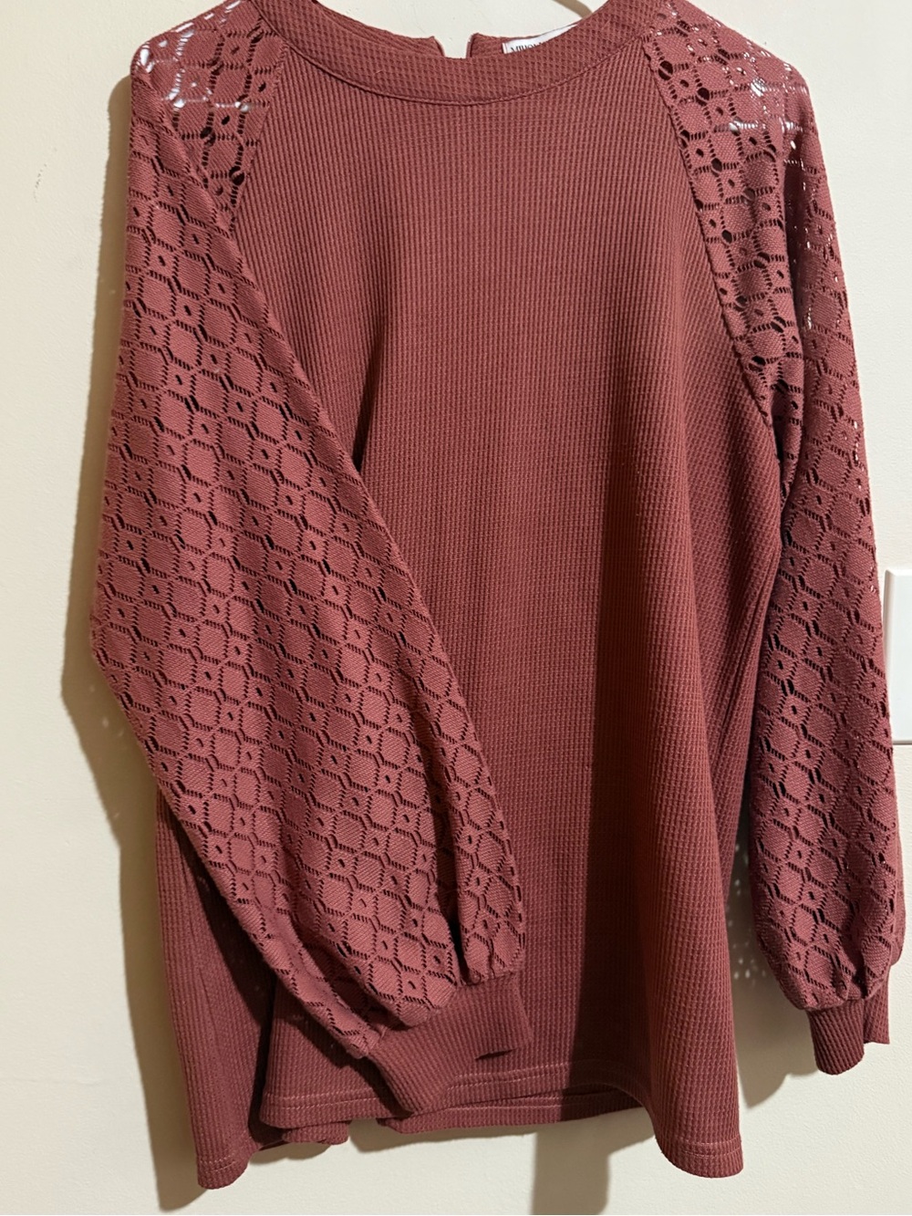 Miholl Lace-Sleeve Waffle Knit Crewneck Sweater - Mauve